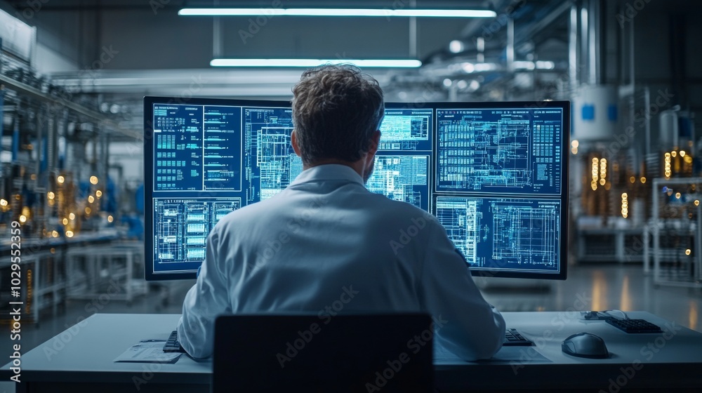 Engineering project overview: An engineer navigates through detailed technical blueprints on a digital screen within a modern industrial environment Engineering project overview: An engineer navigates through detailed technical blueprints on a digital screen within a modern industrial environment