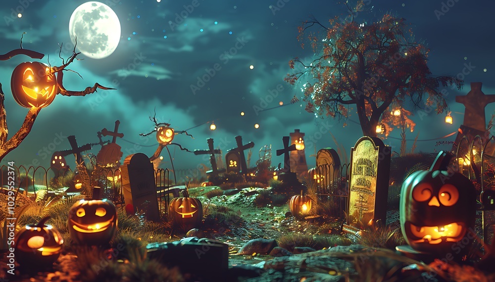 Halloween graveyard with pumpkins, moon, jack o' lanterns, glowing trees, spooky scene. Halloween graveyard with pumpkins, moon, jack o' lanterns, glowing trees, spooky scene.