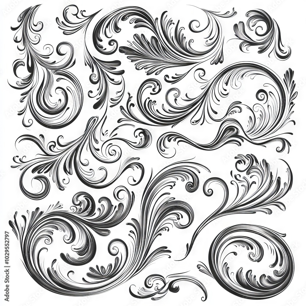 A modern design collection of swirls, curls, and filigree ornaments for wedding invitations and calligraphy decorations. A modern design collection of swirls, curls, and filigree ornaments for wedding invitations and calligraphy decorations.