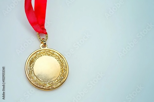 Isolated gold medal with ribbon on white with copy space