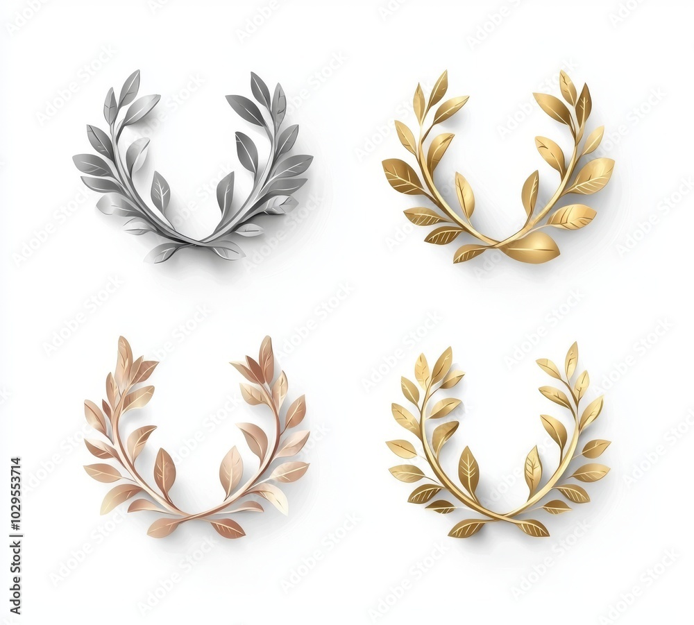 A set of blank 3D rendered illustrated medals in Platinum, Gold, Silver, and Bronze with laurel decoration. A set of blank 3D rendered illustrated medals in Platinum, Gold, Silver, and Bronze with laurel decoration.