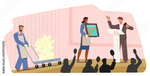 Auction Scene Where A Man In An Apron Pushes A Cart With A Modern Sculpture, While A Woman Holds Up A Framed Painting