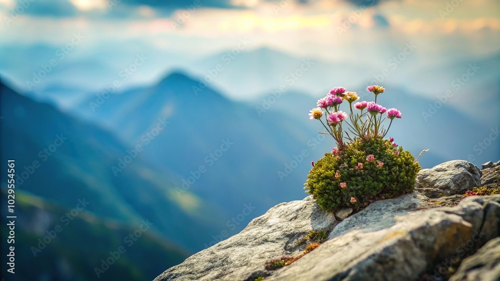 Mountain flowers on rocky peak, minimalist landscape Mountain flowers on rocky peak, minimalist landscape