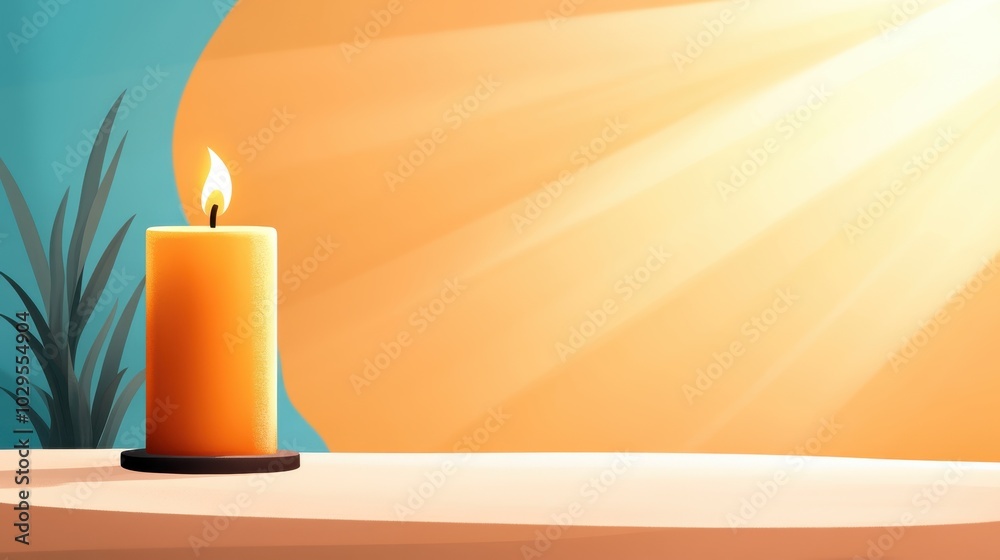 A glowing candle casts a warm light across a table, with soft shadows and abstract background elements creating a peaceful and tranquil mood in the room. A glowing candle casts a warm light across a table, with soft shadows and abstract background elements creating a peaceful and tranquil mood in the room.