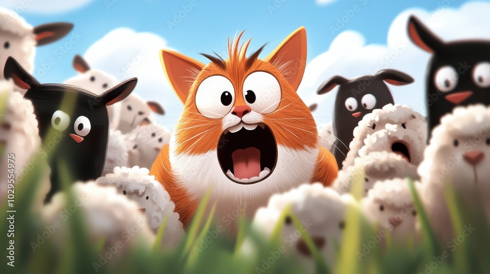 A humorous and wide-eyed cartoon cat stands among a herd of sheep, expressing surprise and curiosity, creating a whimsical scene filled with charm and appeal.