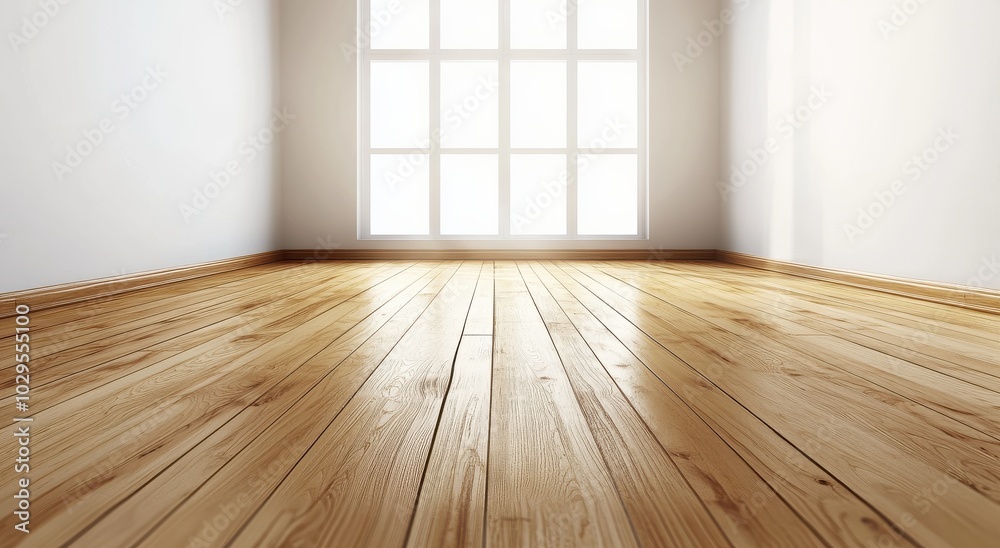 Spacious empty room with light wooden floor and large sunlit window creating a serene open space Spacious empty room with light wooden floor and large sunlit window creating a serene open space