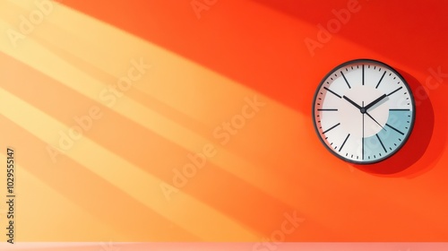 On a vibrant orange wall, a modern clock sits stylishly, with sunbeams casting dramatic shadows, creating a striking contrast and invoking a sense of movement and time.
