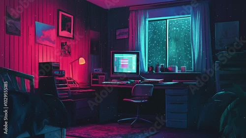 Wallpaper Mural A tranquil workspace features a retro computer setup bathed in colorful lighting, providing a cozy atmosphere perfect for late-night creativity and focus, lofi style, particles Torontodigital.ca