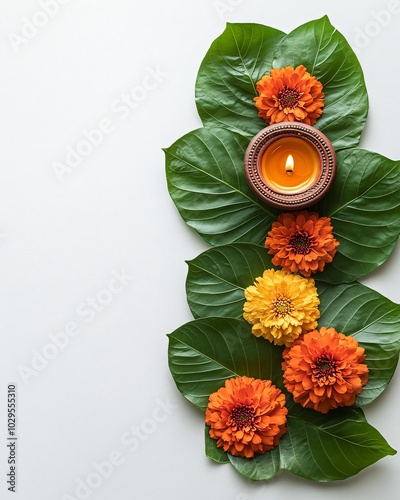 Diwali background with marigolds and diya lamps photo