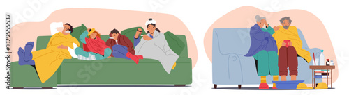 Cartoon Family Of Various Ages Feeling Unwell, Sitting And Lying On Couches. Characters Wrapped In Blankets