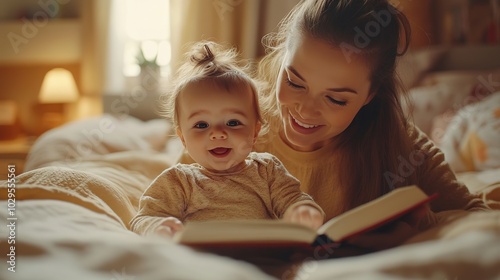 Mother and daughter cuddle in bed, reading a book. âœ¨ .