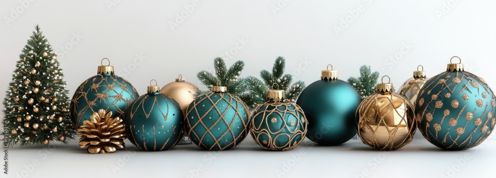 Elegant teal and gold Christmas decorations with tree and pine cone for ...
