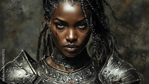 A Black woman warrior wearing armor stands ready for battle, her eyes fixed on the enemy ahead