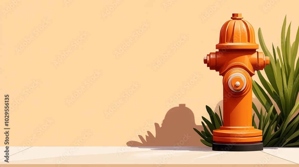 A striking orange fire hydrant is positioned in front of a plain beige wall and complemented by green plants, presenting an urban juxtaposition of colors. A striking orange fire hydrant is positioned in front of a plain beige wall and complemented by green plants, presenting an urban juxtaposition of colors.