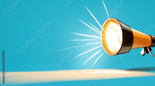 A stylized flashlight emits bursts of light on a blue backdrop, illustrating creativity and imagination in an expressive, modern digital artwork style.