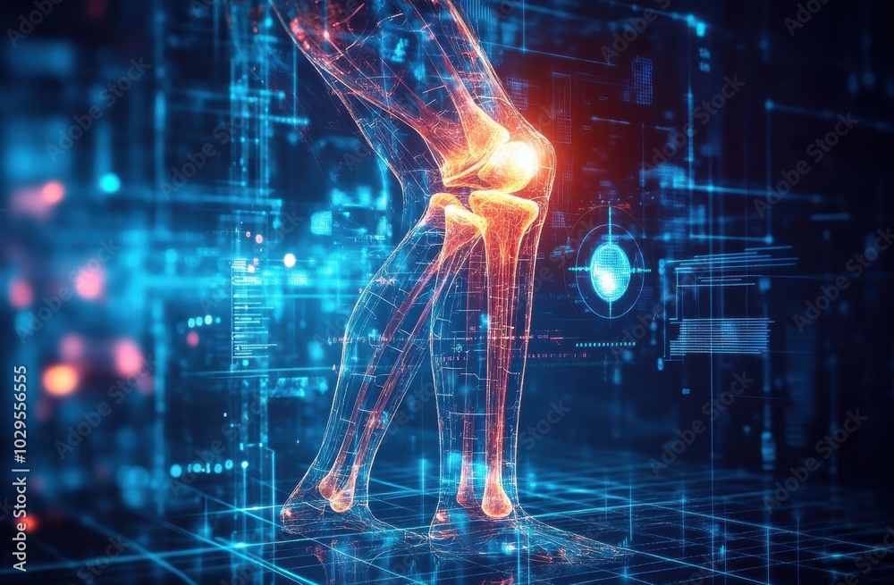 Digital illustration of a knee joint experiencing pain with glowing signals on a futuristic blue background Digital illustration of a knee joint experiencing pain with glowing signals on a futuristic blue background