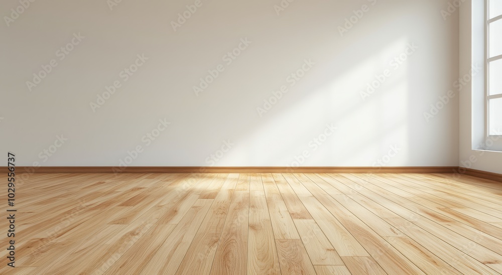 Modern empty room with sunlit light wood floor creating a warm and spacious atmosphere Modern empty room with sunlit light wood floor creating a warm and spacious atmosphere