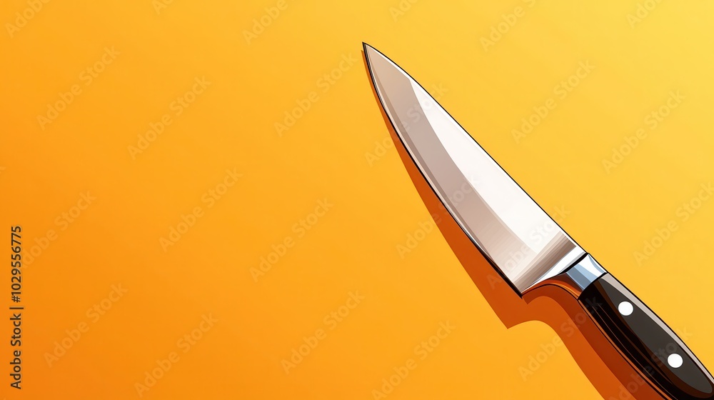 Illustrated modern chef's knife with a gleaming black handle set against a rich, golden background, representing tradition and modernity in kitchenware design. Illustrated modern chef's knife with a gleaming black handle set against a rich, golden background, representing tradition and modernity in kitchenware design.