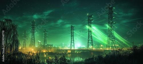 Majestic high-voltage towers glowing at night with city skyline in the background, showcasing a captivating urban landscape infused with futuristic energy photo