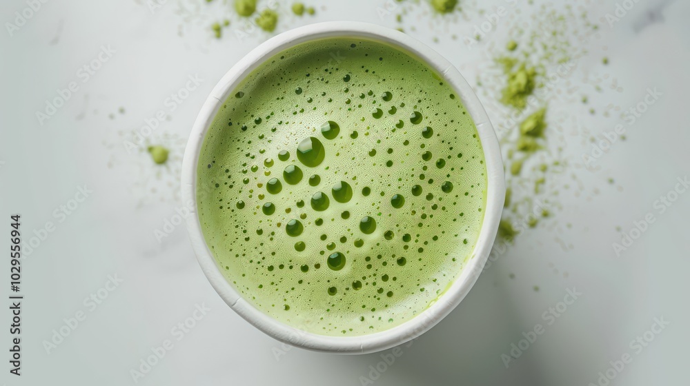 Delightful Matcha Green Tea Latte in a White Cup with Creamy Foam Delightful Matcha Green Tea Latte in a White Cup with Creamy Foam