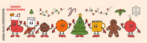 Groovy hippie Christmas characters. Christmas Tree, ball and Stocking, orange, mug of cocoa, glass of Milk, chocolate chip Cookie, Gingerbread man in trendy retro style. Hand drawn vector big set