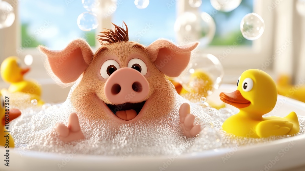 A delightful cartoon pig enjoys a bubble bath among rubber ducks in a sunlit bathroom, evoking joy and tranquility with its playful and whimsical charm. A delightful cartoon pig enjoys a bubble bath among rubber ducks in a sunlit bathroom, evoking joy and tranquility with its playful and whimsical charm.