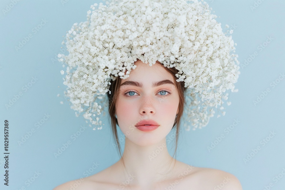 Artistic Portrait of Woman with Floral Headpiece, Minimalistic Studio, Soft Blue Background, Natural Beauty, Delicate and Fresh Aesthetic, Floral Arrangement, Copy Space for Branding
Artistic Portrait of Woman with Floral Headpiece, Minimalistic Studio, Soft Blue Background, Natural Beauty, Delicate and Fresh Aesthetic, Floral Arrangement, Copy Space for Branding