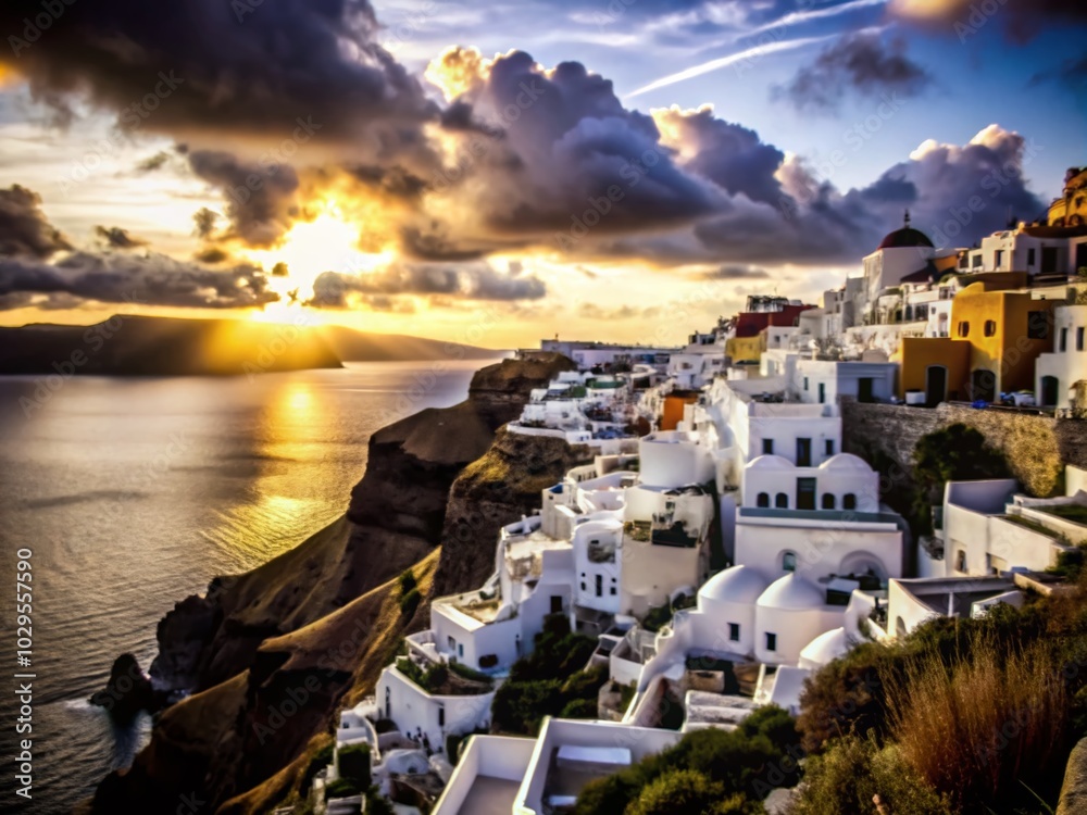 Fototapeta premium Santorini Evening Panorama - Stunning Seaside Resort with White Houses in Greece