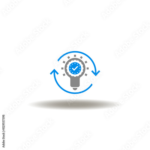 Vector illustration of round arrows process and lightbulb with reward, check mark. Icon of rebranding. Symbol of rebrand idea.