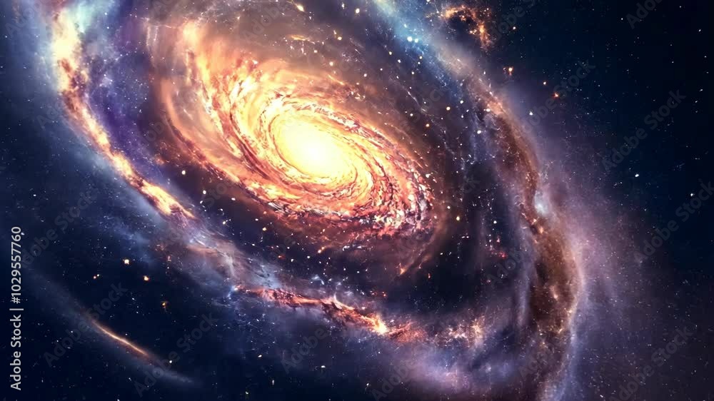 A stunning view of a spiral galaxy, with bright orange and white gas swirling in the center A stunning view of a spiral galaxy, with bright orange and white gas swirling in the center