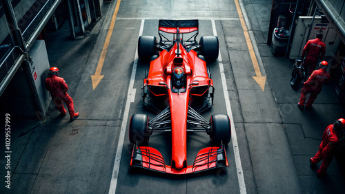 Formula 1 pit stop. Red Formula One car being serviced by a team of mechanics in a garage