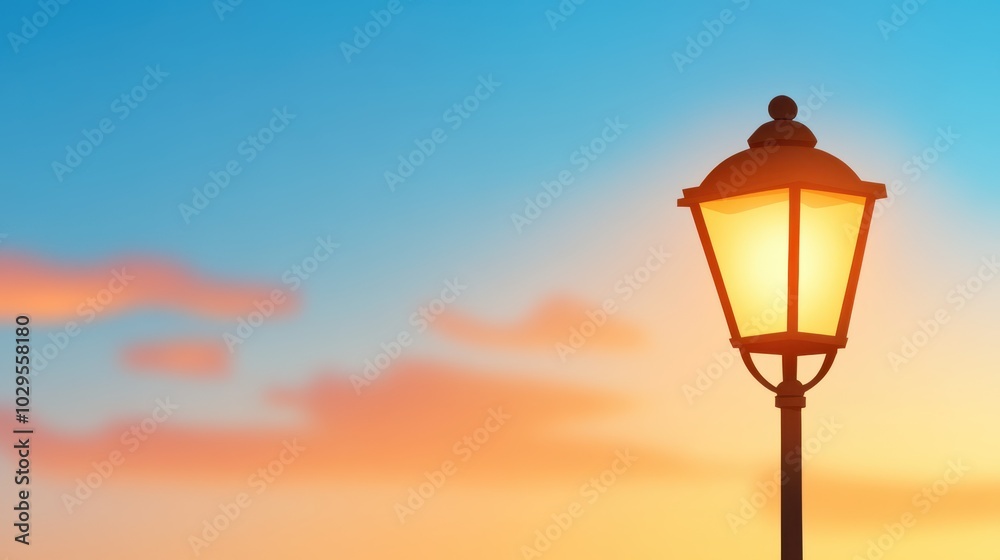 A solitary street lamp emits a gentle glow, standing against a tranquil sunset sky, capturing a peaceful evening moment filled with vibrant colors. A solitary street lamp emits a gentle glow, standing against a tranquil sunset sky, capturing a peaceful evening moment filled with vibrant colors.