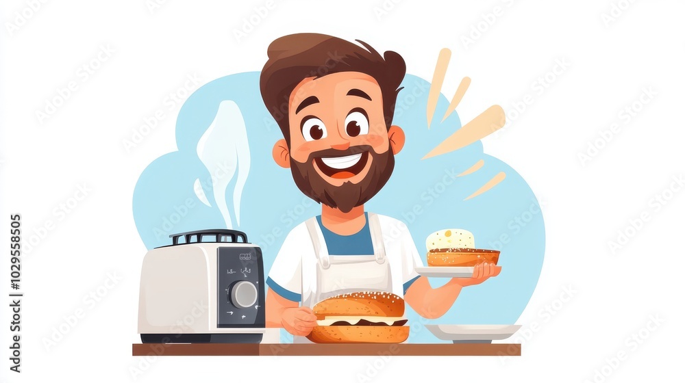 A bearded man in an apron excitedly presents toast from a toaster, steaming with warmth, highlighting joy, and the simple pleasure of preparing breakfast. A bearded man in an apron excitedly presents toast from a toaster, steaming with warmth, highlighting joy, and the simple pleasure of preparing breakfast.