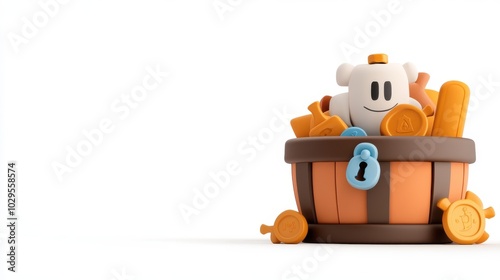 A whimsical cartoon character peeks out of a barrel filled with vibrant, colorful items against a stark white background, embodying playfulness and creativity in art. photo