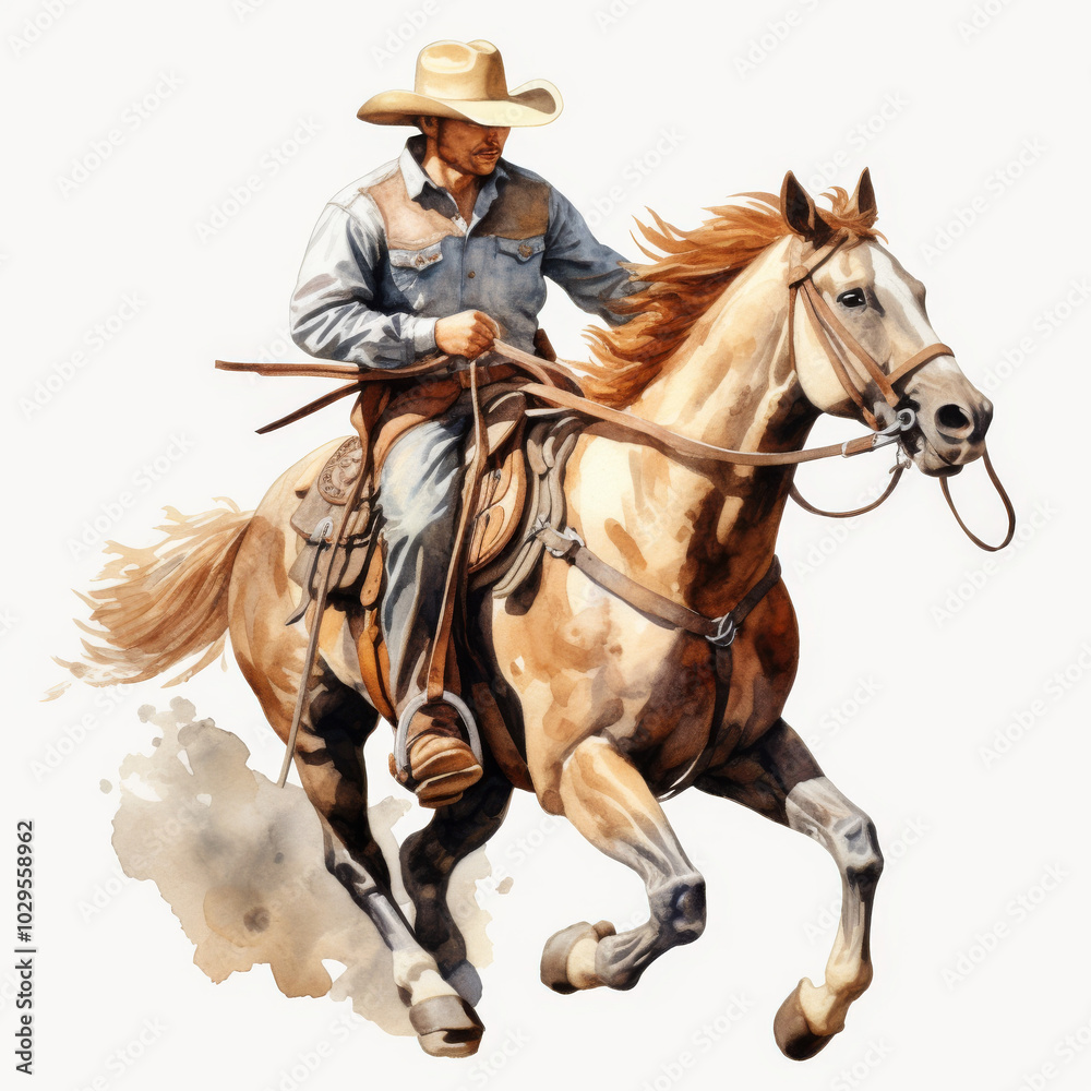 Fototapeta premium Dynamic Watercolor Illustration of a Cowboy Riding a Horse at Full Gallop