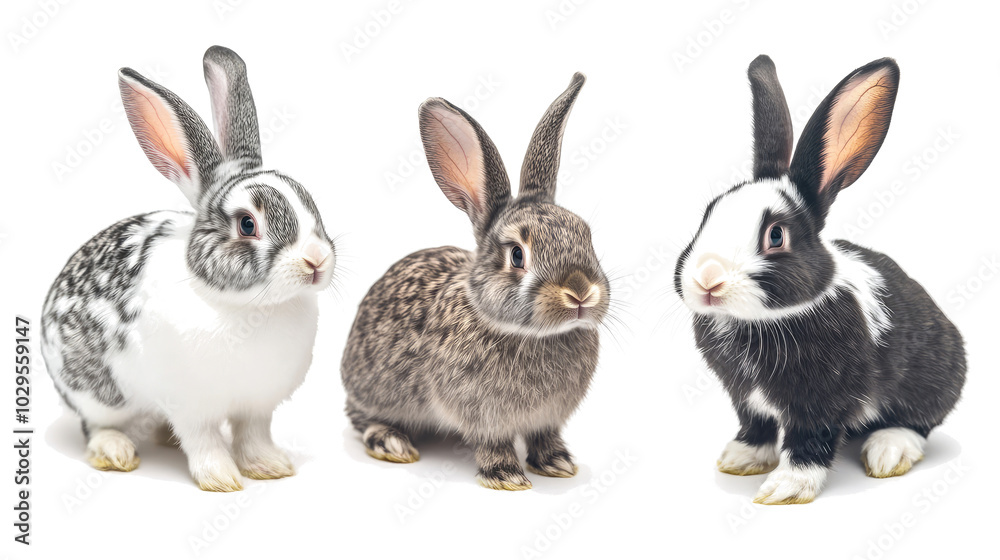 Cute Rabbits Posing for Studio Portraits on a White Background Generative AI