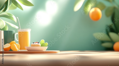 A tranquil scene capturing a glass of juice alongside fruit, set on a sunlit table with hanging oranges around, suggesting freshness and peace in a garden ambiance.
