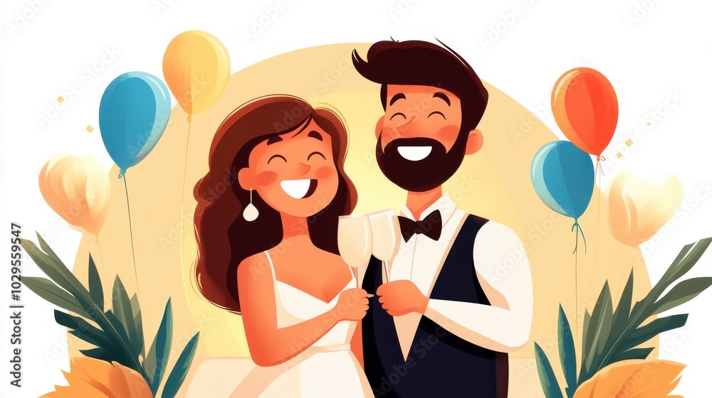 A delighted bride and groom share a moment of happiness, raising glasses at their wedding celebration, decorated with colorful balloons and lush foliage.