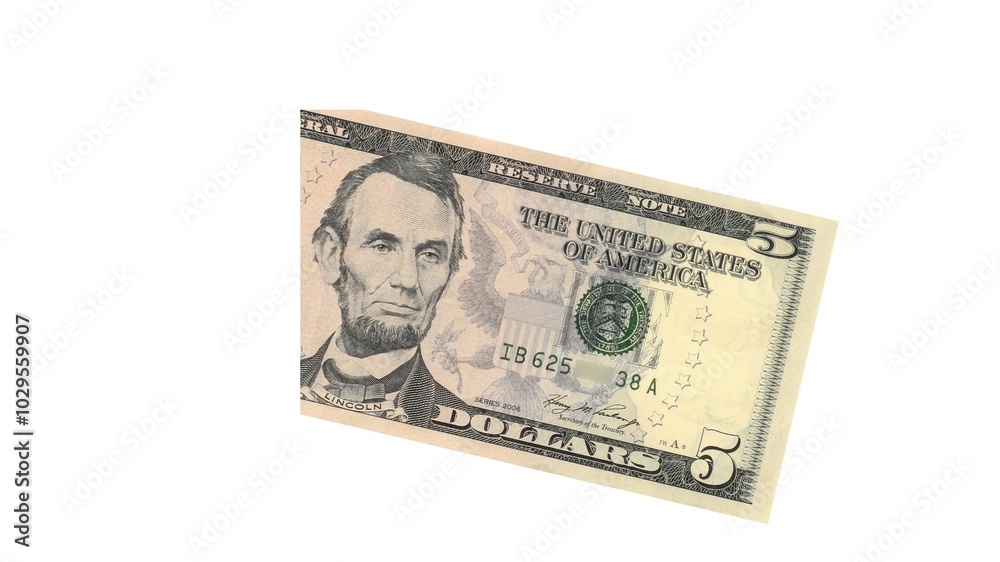 Five American Dollars banknote isolated on white background. Five American Dollars banknote isolated on white background.