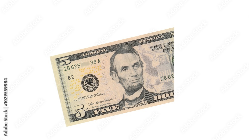 Five American Dollars banknote isolated on white background. Five American Dollars banknote isolated on white background.