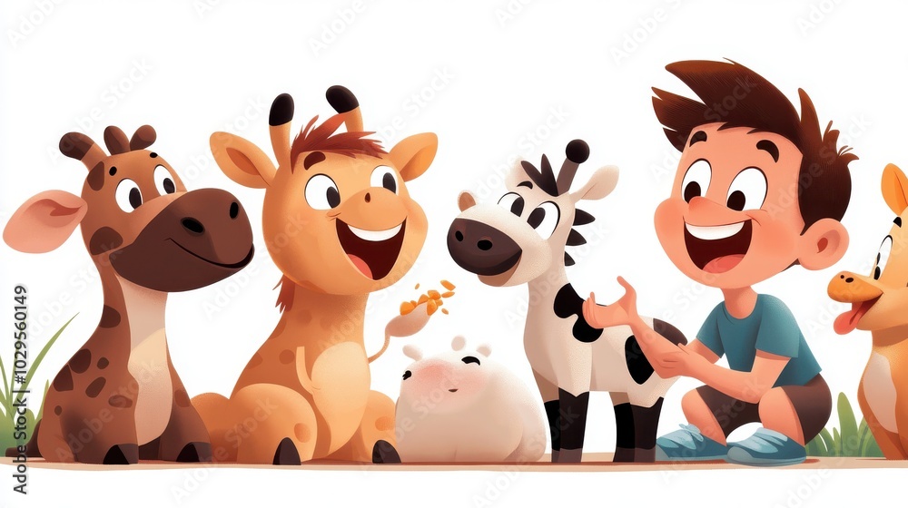 A cheerful child sits cheerfully amidst animated cartoon creatures, including a giraffe and a zebra, sharing a joyful moment in a vibrant, playful scene. A cheerful child sits cheerfully amidst animated cartoon creatures, including a giraffe and a zebra, sharing a joyful moment in a vibrant, playful scene.