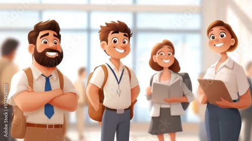 An animated scene depicting four diverse professionals smiling and interacting in an office setting, conveying teamwork and positive workplace dynamics.
