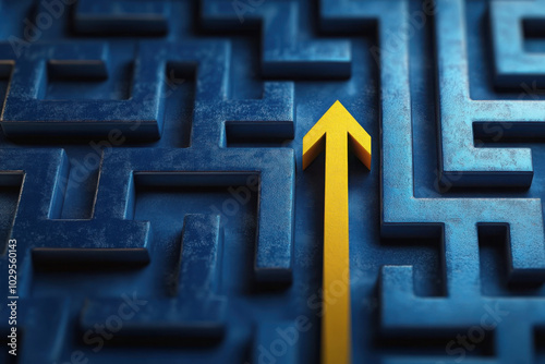 A labyrinth maze with a glowing yellow path on a blue background suggesting a concept of problem solving. 3D Rendering
