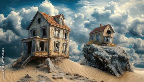 House constructed on the sand vs house constructed on a rock. Parable of the wise and foolish builders. Gospel of Matthew. Hearing Jesus' teachings and putting them into practice. Blue sky with sun