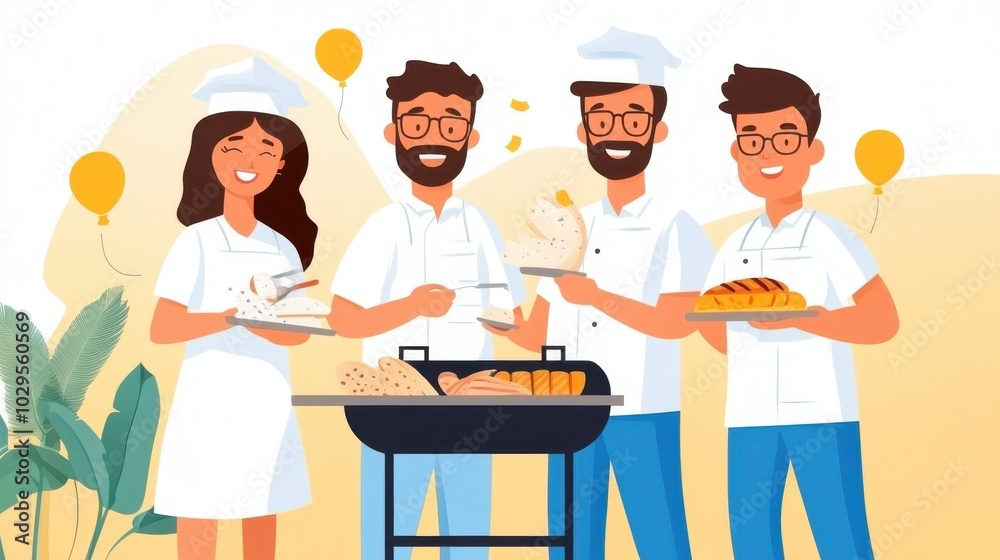 A cheerful group of chefs, in bright uniforms, gathered around a grill, cooking and presenting delicious baked goods, with a lively backdrop of balloons and greenery. A cheerful group of chefs, in bright uniforms, gathered around a grill, cooking and presenting delicious baked goods, with a lively backdrop of balloons and greenery.