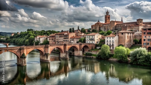 Scenic View of Albi from the River Tarn with Historic Buildings and Pont Vieux