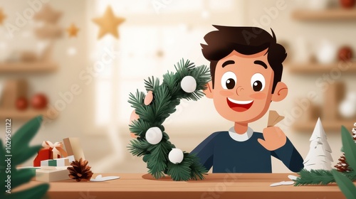 An animated character enthusiastically crafting a holiday wreath, surrounded by festive objects, embodies creativity and the spirit of seasonal handcrafting joy. photo