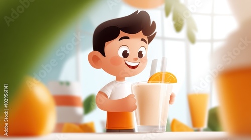 An illustration of a smiling boy savoring an orange smoothie in a bright, sunny room, surrounded by tropical decorations, embodying joy and warmth.