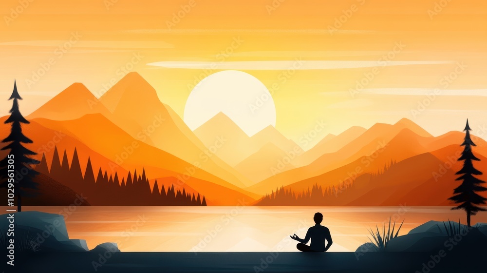 A silhouette practicing meditation by a lake during sunset, surrounded by majestic mountains and vibrant skies. The scene exudes serenity and introspection. A silhouette practicing meditation by a lake during sunset, surrounded by majestic mountains and vibrant skies. The scene exudes serenity and introspection.