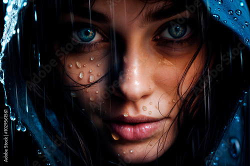 A close up of a woman’s face with piercing blue eyes, rain droplets on her skin, and wet hair. Her intense gaze and the moody lighting create a dramatic and mysterious atmosphere.